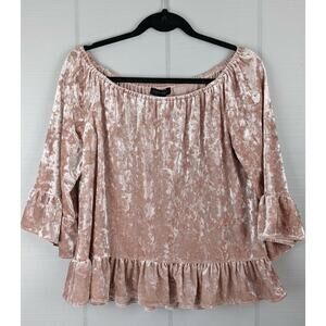 Sanctuary Off Shoulder Taupe Crushed Velvet Ruffle Bell Sleeve Stretch Top Med